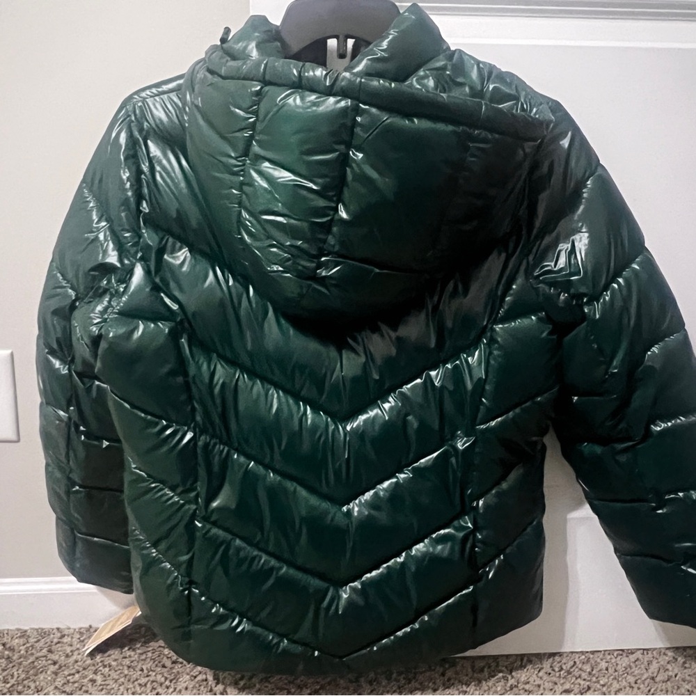 Michael Kors Hooded Chevron Puffer Jacket Glossy Packable Coat Women’s L Green - Picture 5 of 7